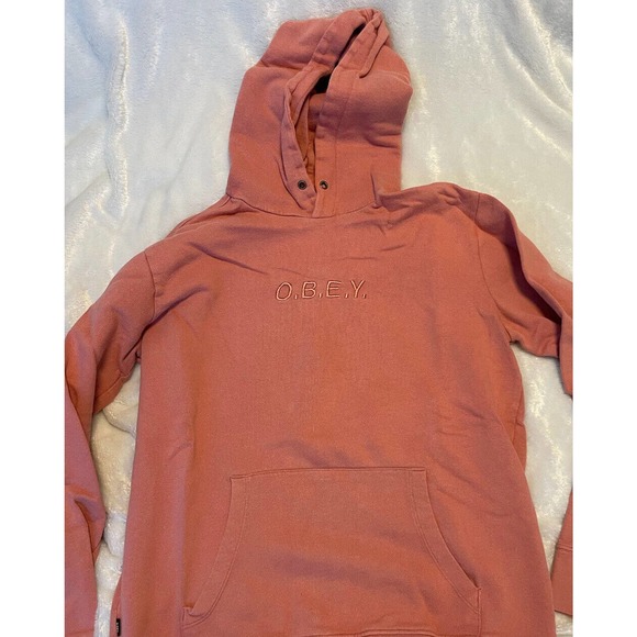 Women’s OBEY Shepard Fairy Coral Pink Cotton Hoodie Small Skate Punk Y2K Sweater - Picture 5 of 7